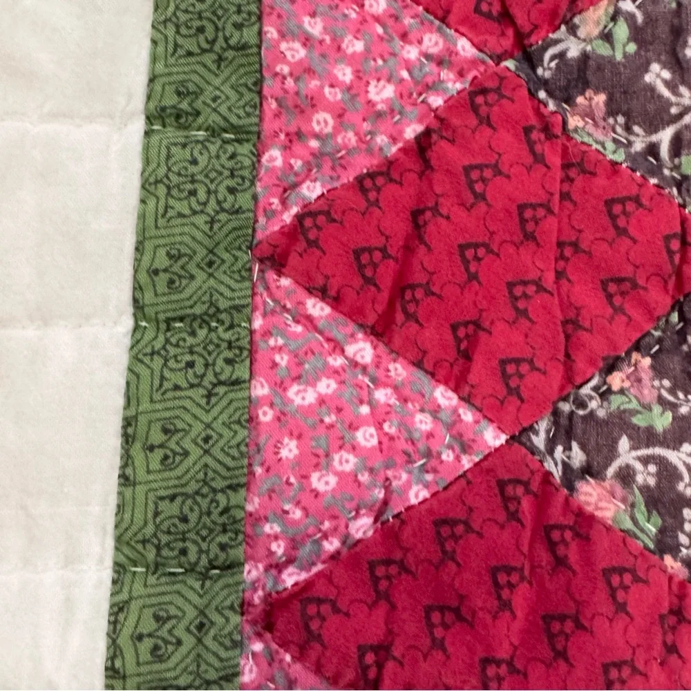 Quilt Patchwork Lone Star Red Green Pink Diamond Border Cottage Vintage Handmade